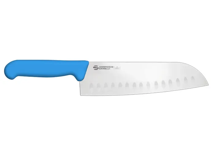 Нож Sanelli Ambrogio серии Supra Colore, SC50018L, Santoku с возд/карманами 180 мм, синий